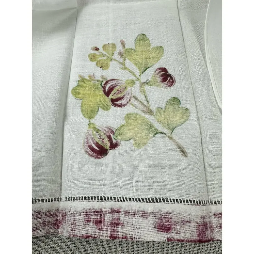 Set of Two (2) Tea Towels LINEN‎ White Maroon & Green Floral VTG Hand Painted